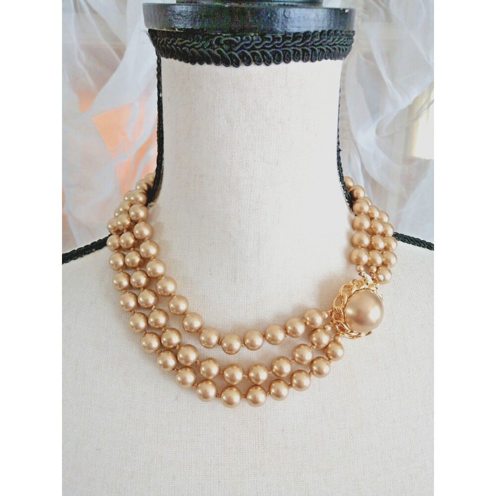 VTG Gold Beaded Multi Strand Layered Choker Bib Statement Necklace